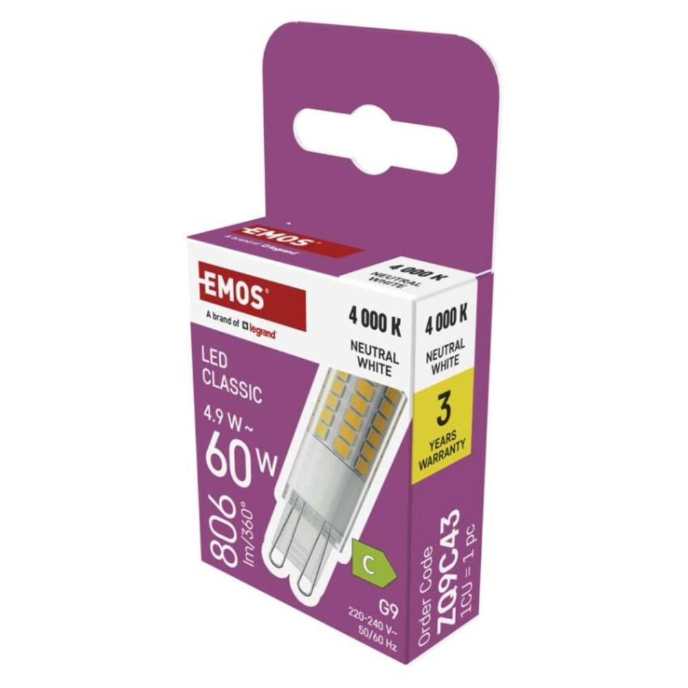 LED izzó Classic JC, G9, 4,9 W (60 W), 806 lm, Természetes fehér, 4000K, 230V, CRI>80, EMOS, ZQ9C43