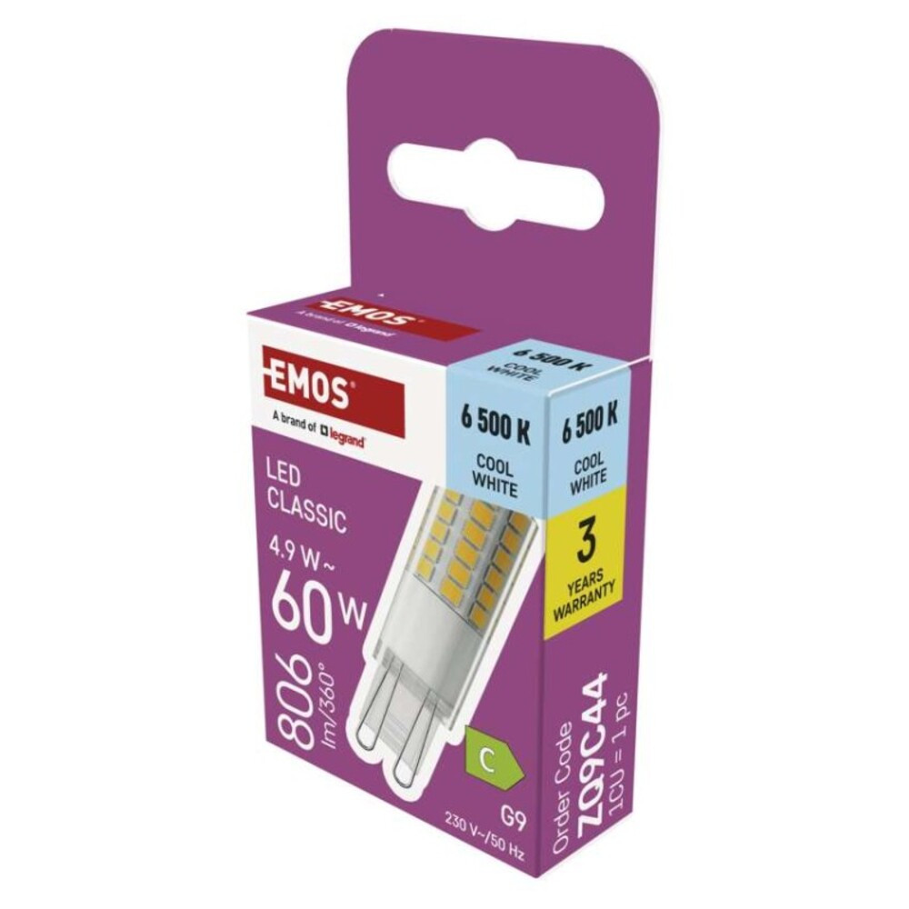 LED izzó Classic JC, G9, 4,9 W (60 W), 806 lm, Hideg fehér, 6500K, 230V, CRI>80, EMOS, ZQ9C44