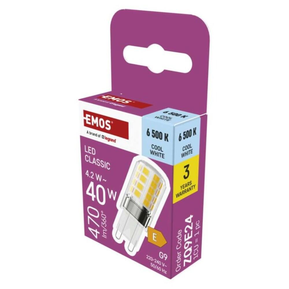 LED izzó Classic JC, G9, 4,2 W (40 W), 470 lm, Hideg fehér, 6500K, 220-240V, CRI>80, EMOS, ZQ9E24