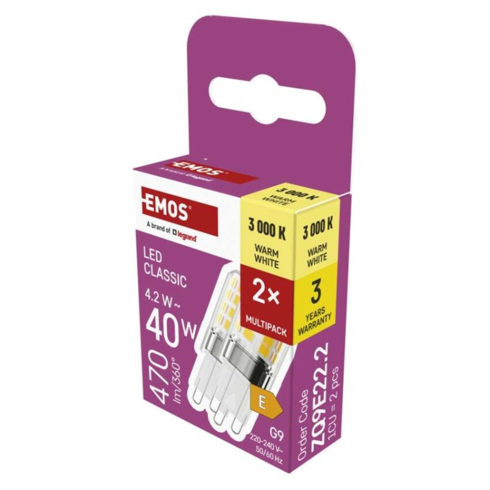 LED izzó Classic JC, G9, 4,2 W (40 W), 470 lm, meleg fehér, 2 pcs, 3000K, 220-240V, CRI>80, EMOS, ZQ9E22.2