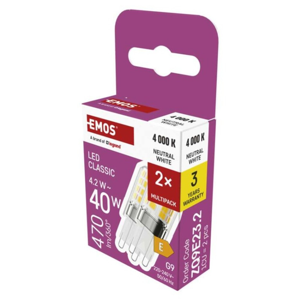 LED izzó Classic JC, G9, 4,2 W (40 W), 470 lm, Természetes fehér, 2 pcs, 4000K, 220-240V, CRI>80, EMOS, ZQ9E23.2