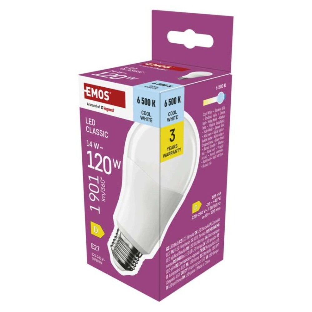 LED izzó Classic A60, E27, 14 W (120 W), 1901 lm, Hideg fehér, 6500K, 220-240V, CRI>80, EMOS, ZQ5D77