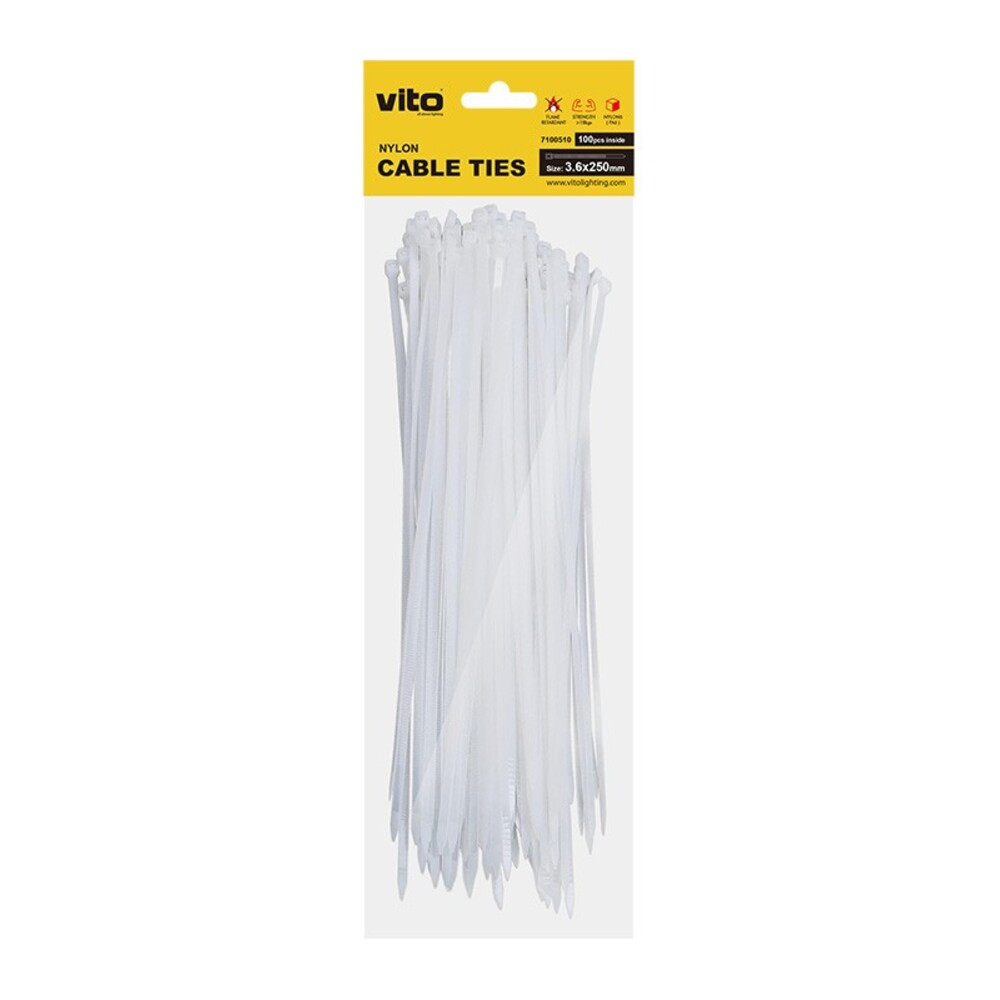 Műanyag kábelkötegelő 3,6 X 250mm fehér 100 db/csomag 7100510 VITO