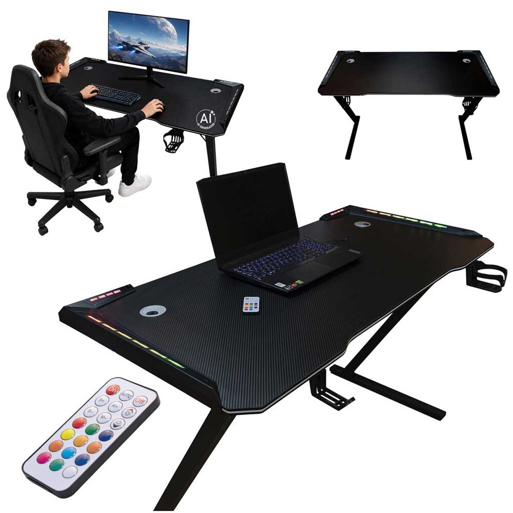 Gamer íróasztal RGB LED-világítással és számítógépes tartókkal, 120×60 cm