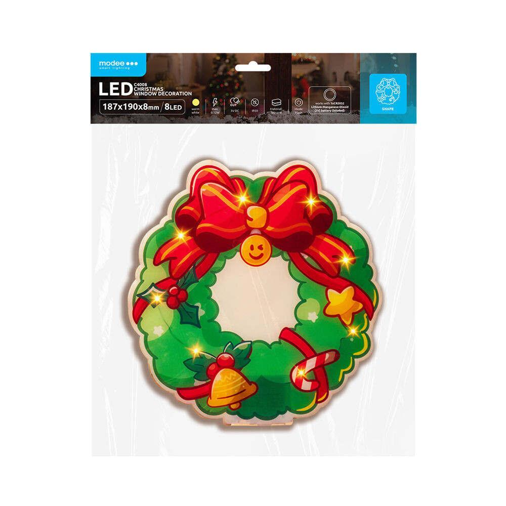 Modee Karácsonyi LED dekoráció Ablakra Elemes C4008 (8LED 187x190x8mm), 3000K, meleg fehér, IP20