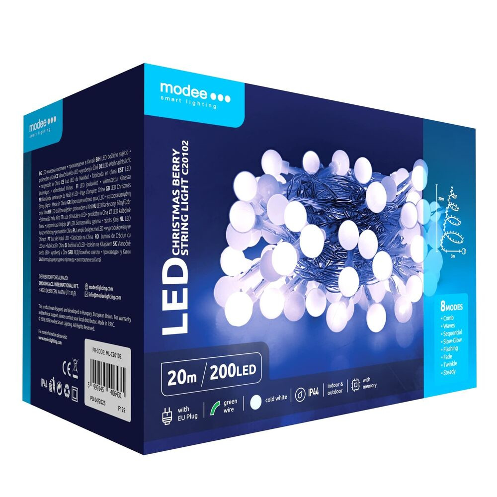 Modee Karácsonyi LED Füzér Berry Plastic Adapteres (200LED/20m/10cm), 3,6W, 10000K, hideg fehér, IP44