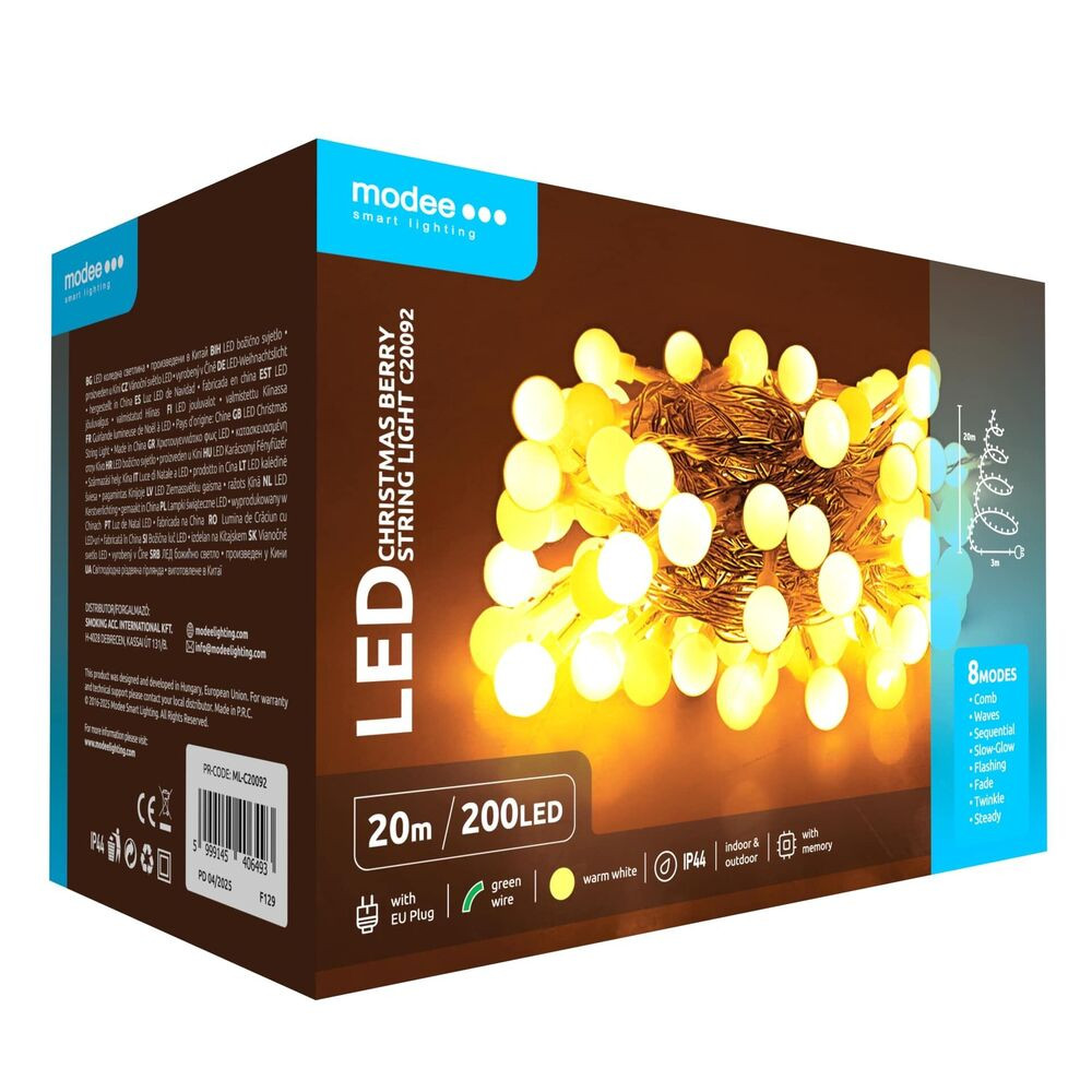 Modee Karácsonyi LED Füzér Berry Plastic Adapteres (200LED/20m/10cm), 3,6W, 2700K, meleg fehér, IP44
