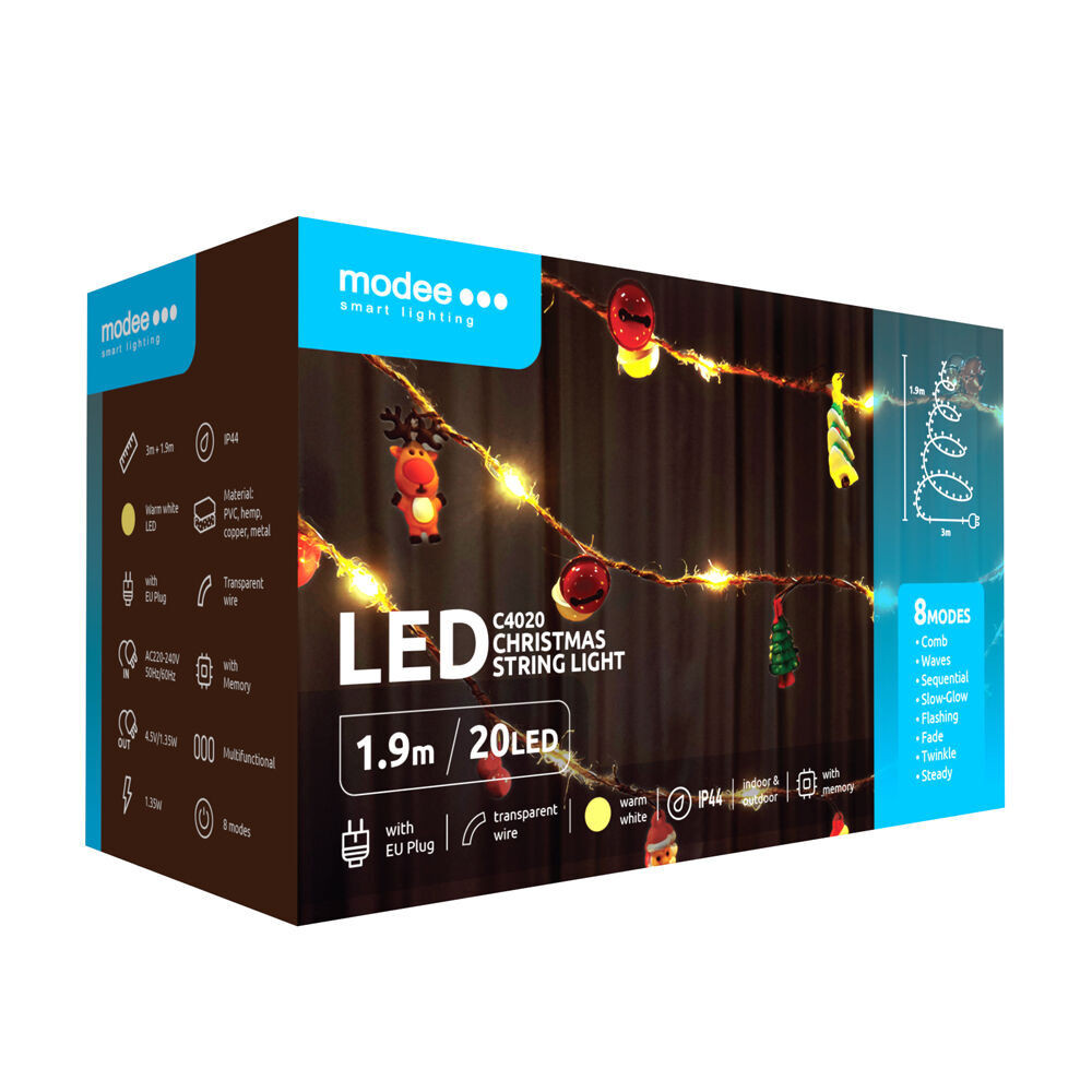 Modee Karácsonyi LED Füzér dekor Adapteres C4020 (20LED/190cm/10cm), 1,35W, 3000K, meleg fehér, IP44