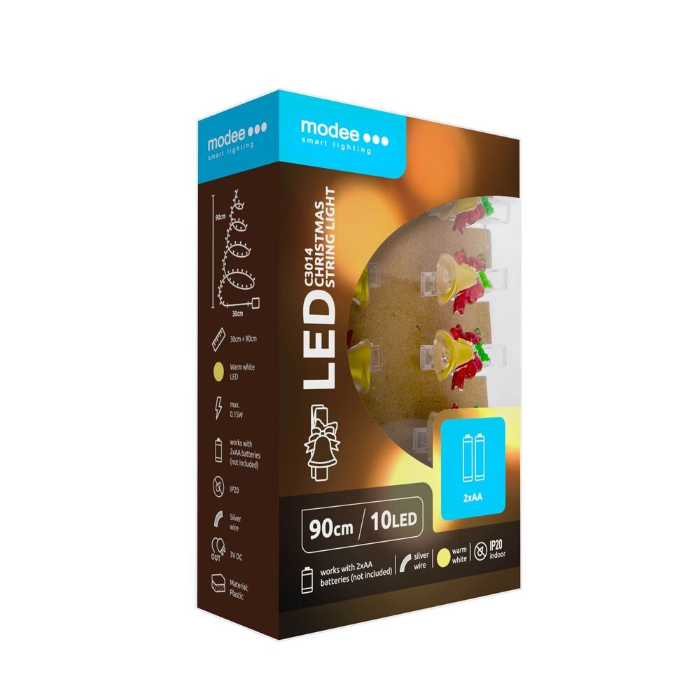 Modee Karácsonyi LED Füzér dekor Elemes + Csipesz C3014 (10LED/90cm/10cm), 2700K, meleg fehér, IP20