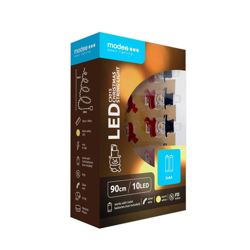 Modee Karácsonyi LED Füzér dekor Elemes + Csipesz C3015 (10LED/90cm/10cm), 2700K, meleg fehér, IP20
