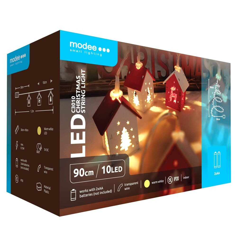 Modee Karácsonyi LED Füzér dekor Elemes C3010 (10LED/90cm/10cm), 2700K, meleg fehér, IP20