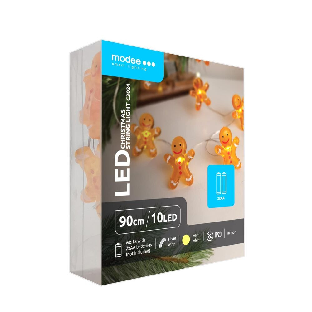 Modee Karácsonyi LED Füzér dekor Elemes C3024 (10LED/90cm/10cm), 2700K, meleg fehér, IP20