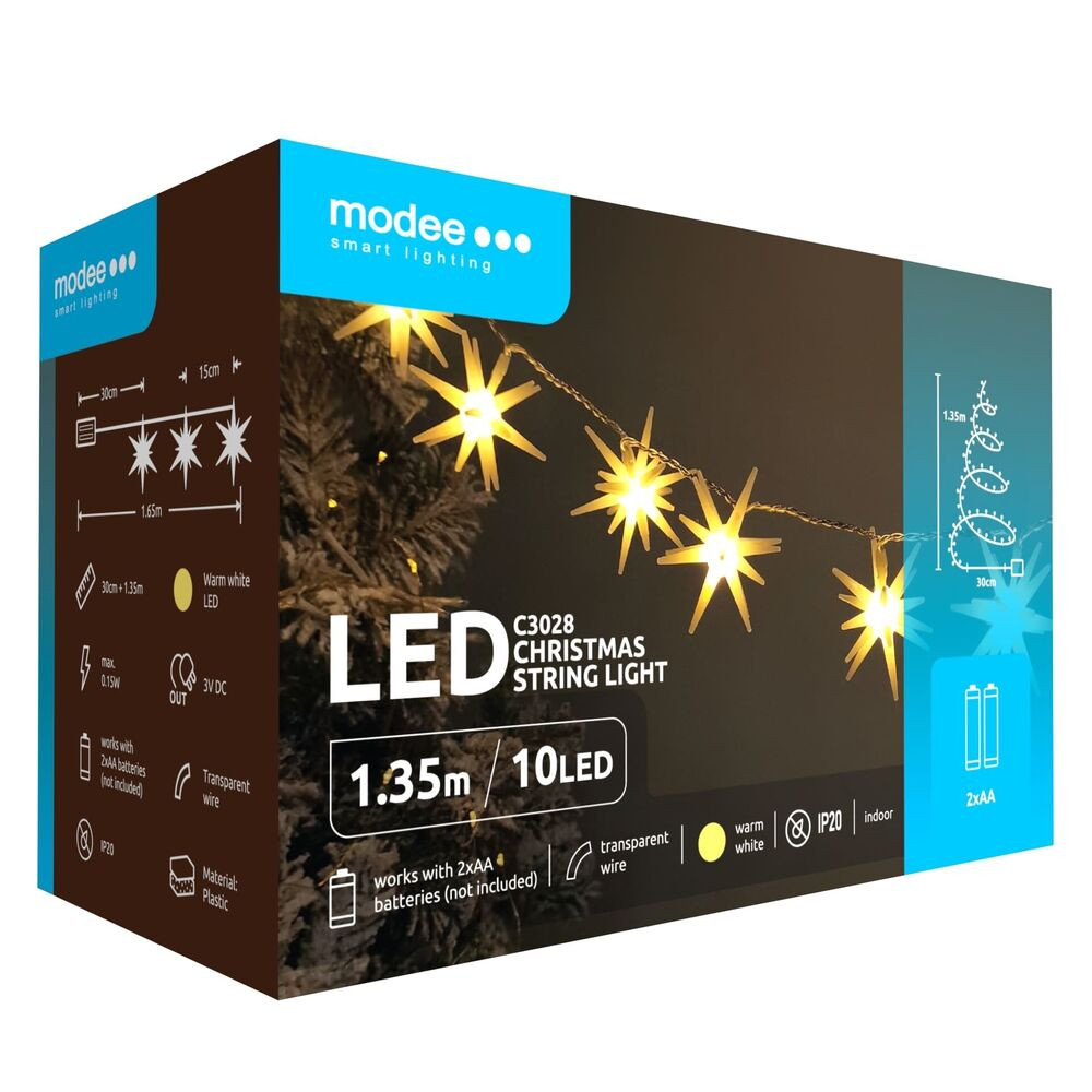 Modee Karácsonyi LED Füzér dekor Elemes C3028 (10LED/135cm/15cm), 2700K, meleg fehér, IP20