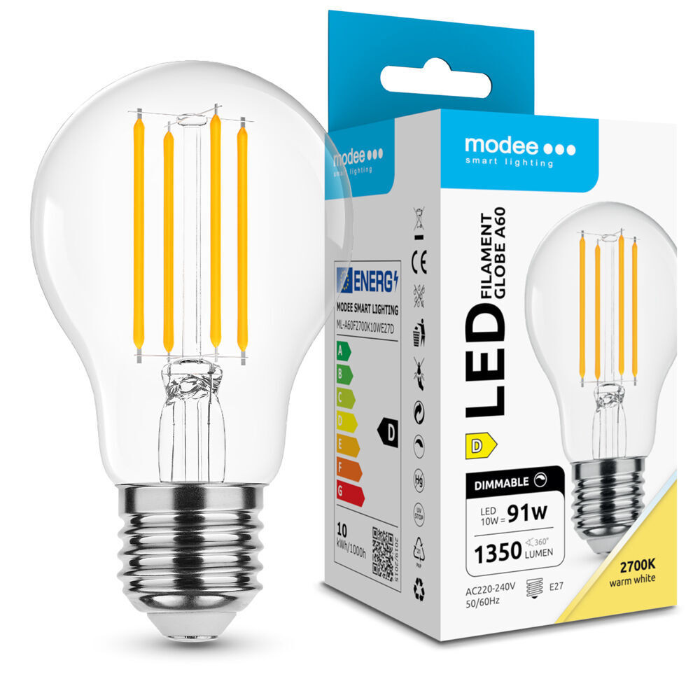 Modee LED Izzó Filament A60 10W E27 360° 2700K (1350lm) dimmelhető, 320°, CRI>80, meleg fehér, IP20