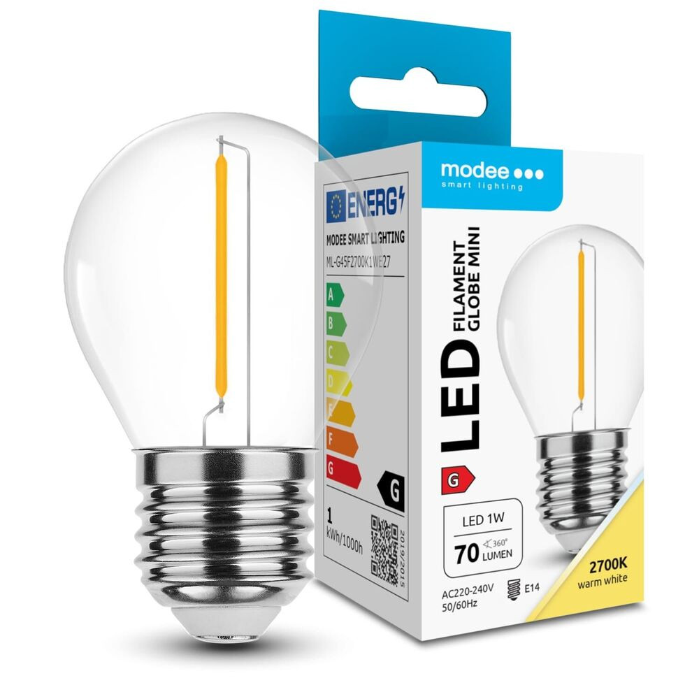 Modee LED Izzó Filament G,Mini G45 1W E27 320° 2700K (70lm), CRI>80, meleg fehér, IP20