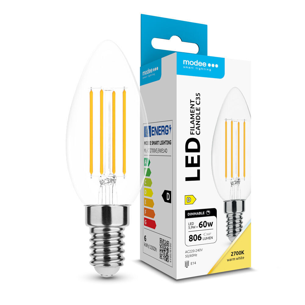 Modee LED Izzó Filament Gyertya C35 5,9W E14 360° 2700K (806lm) dimmelhető, 320°, CRI>80, meleg fehér, IP20