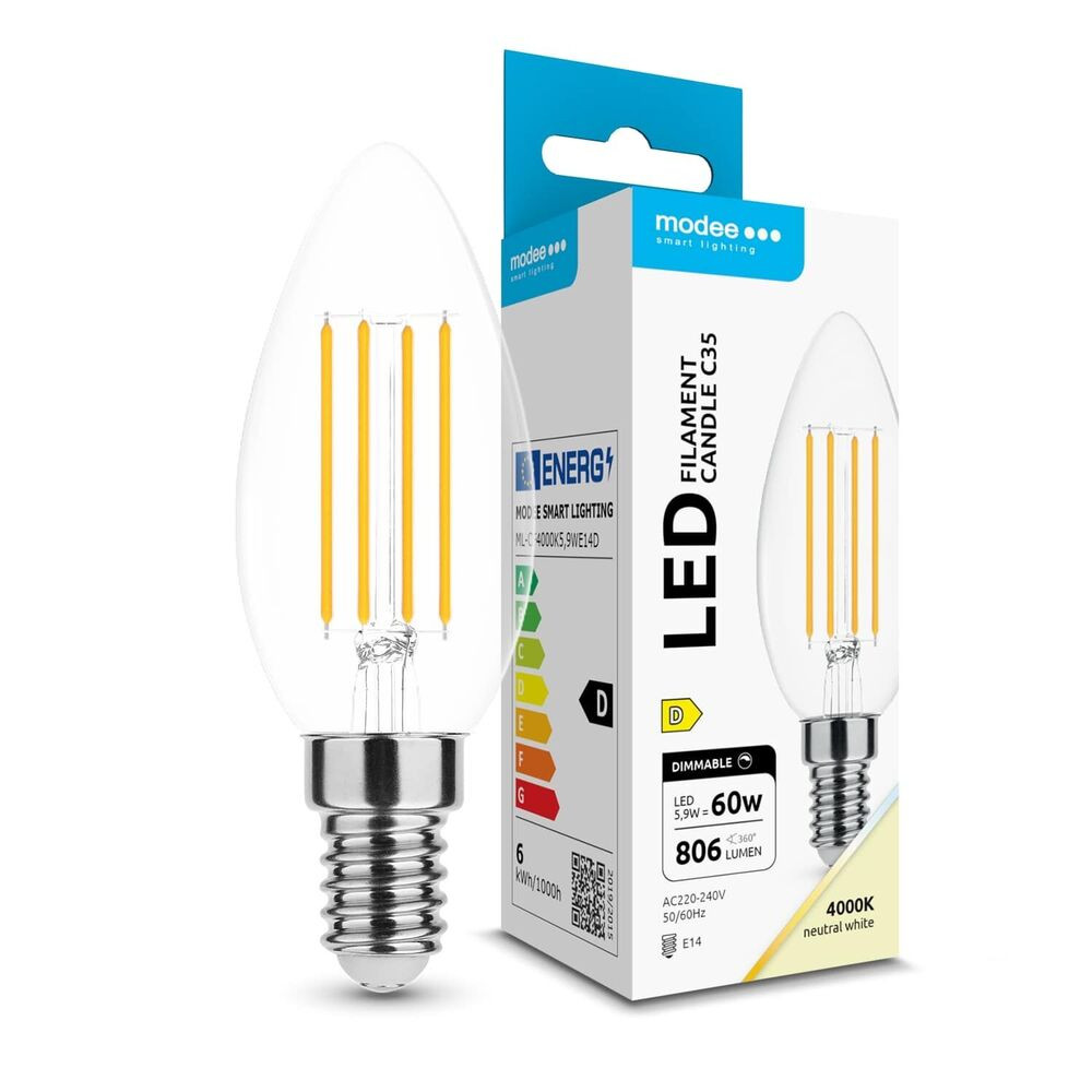 Modee LED Izzó Filament Gyertya C35 5,9W E14 360° 4000K (806lm) dimmelhető, 320°, CRI>80, természetes fehér, IP20