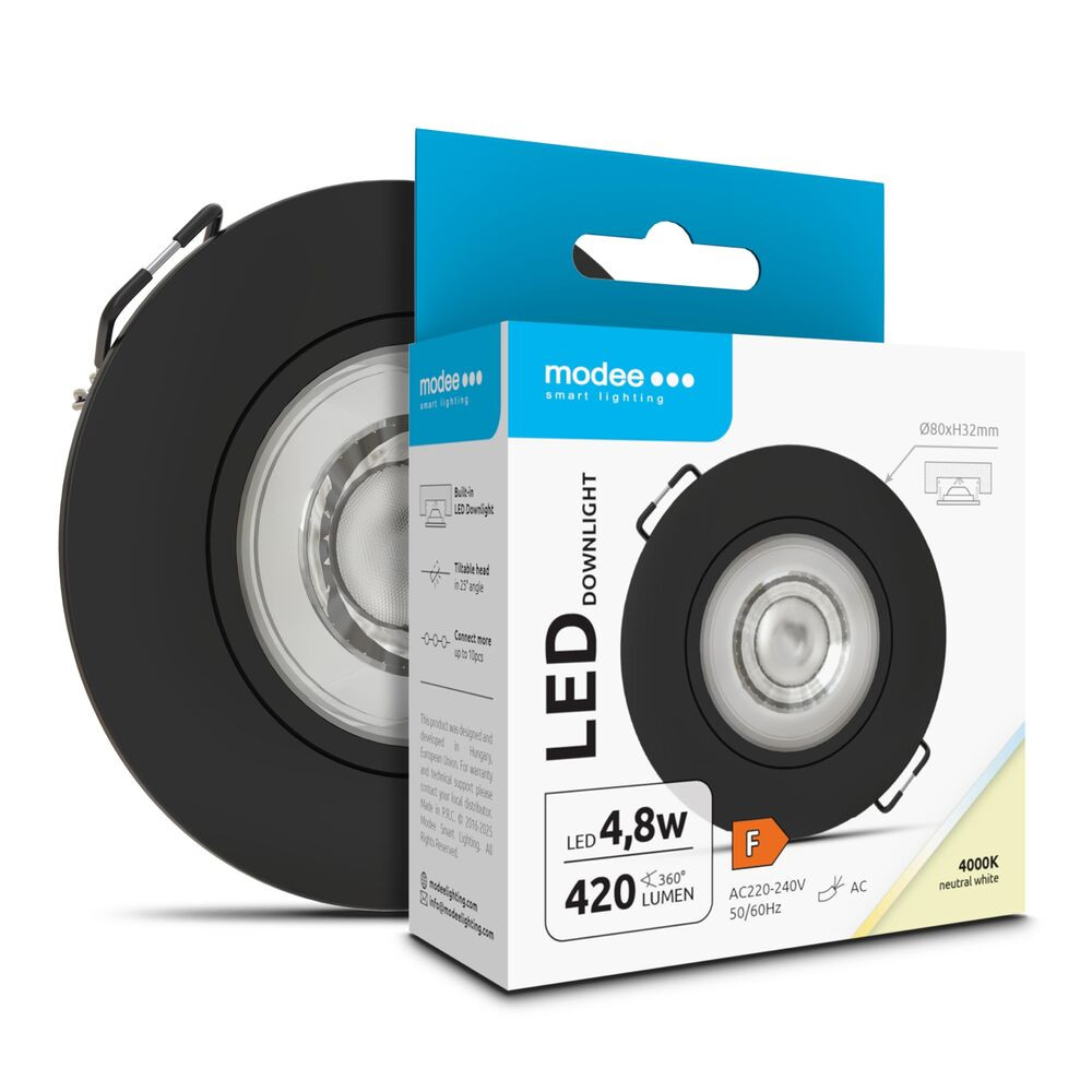 Modee LED Mélysugárzó Kerek 4,8W 4000K IP20 Ø80xH32mm ROT (420lm) fekete, 36°, CRI>80, természetes fehér
