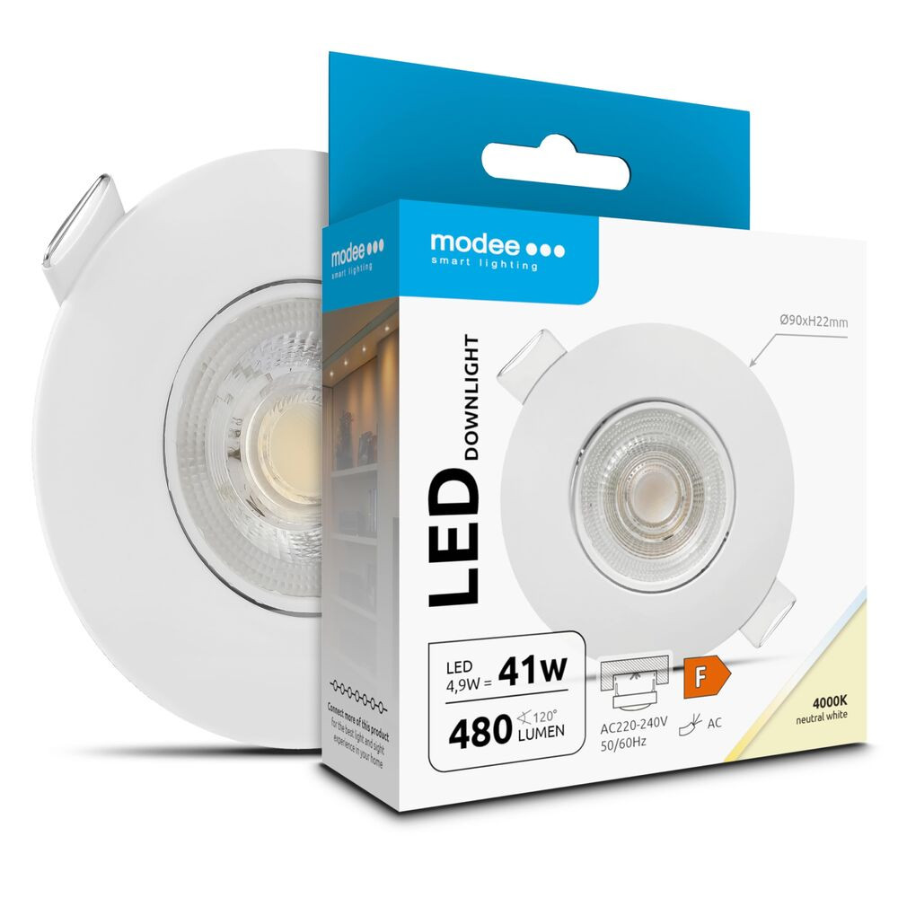 Modee LED Mélysugárzó Kerek 4,9W 4000K IP23 Ø90xH22mm ROT (480lm) fehér, 36°, CRI>80, természetes fehér