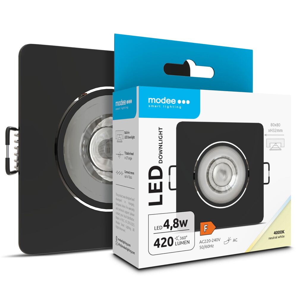 Modee LED Mélysugárzó Négyzet 4,8W 4000K IP20 80xH32mm ROT(420lm) feketeERP, 36°, CRI>80, természetes fehér