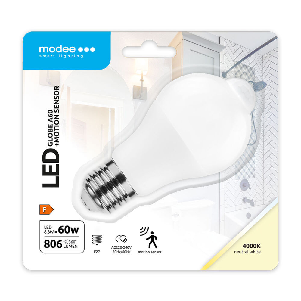 Modee LED Smart (PIR érzékelő) Globe (Gömb) A60 8,8W E27 200° 4000K (806lm), CRI>80, természetes fehér, IP20