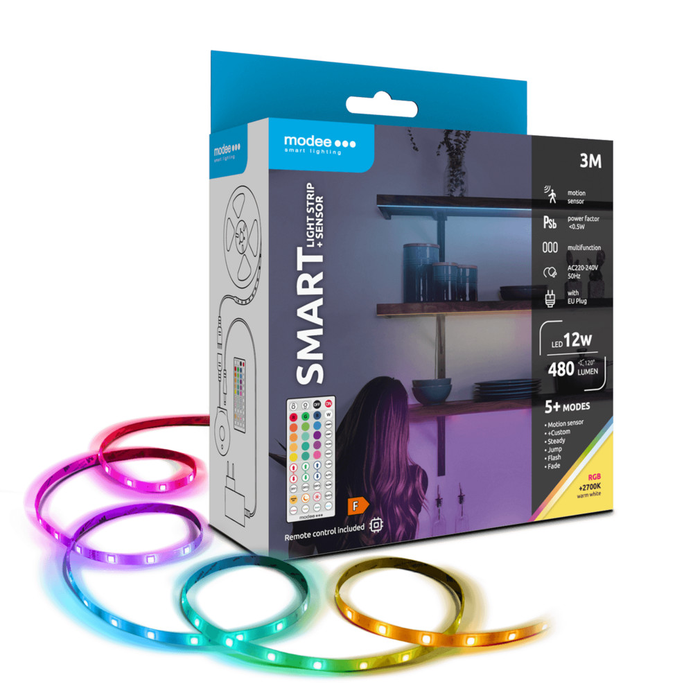 Modee LED Smart (Remote) Szalag 12W IP20 +érzékelő 2700K+RGB (480lm) 3M, 120°, CRI>80, meleg fehér