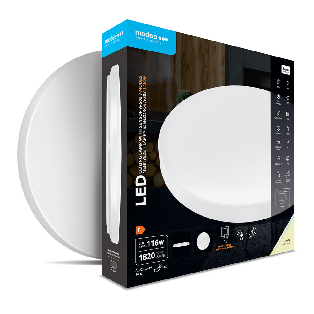 Modee Mennyezeti LED Lámpa A-S02 18W 4000K Ø330x70mm +m,érzékelő (1820lm), 120°, CRI>80, természetes fehér, IP20
