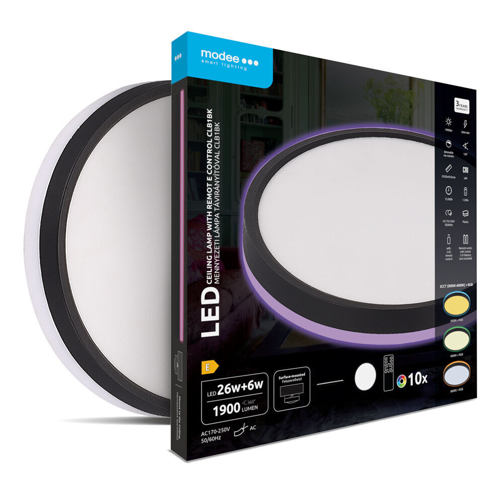 Modee Mennyezeti LED Lámpa CLBK 26+6W 3CCT+RGB Ø320mm távirányítóval (1900lm), 120°, CRI>80, IP20