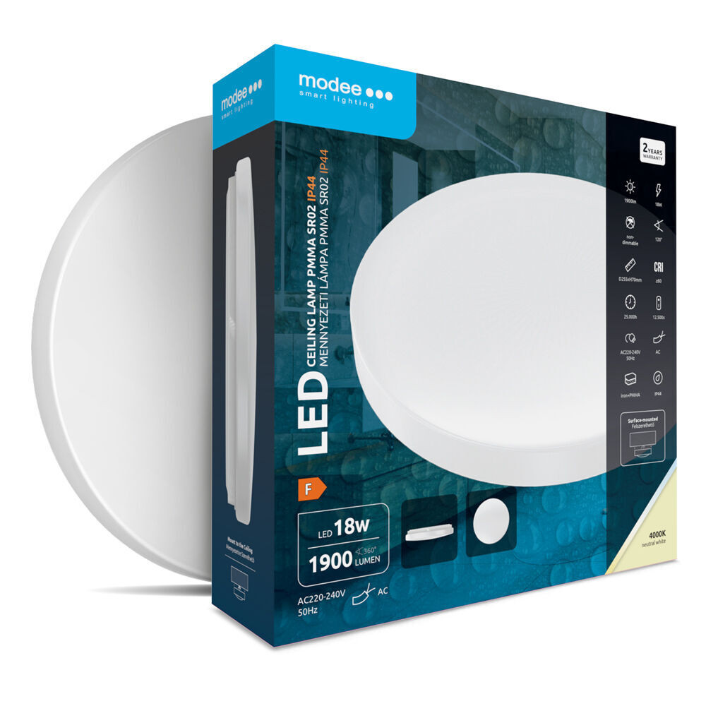 Modee Mennyezeti LED Lámpa IP44 18W 4000K Ø255x70mm PMMA (1900lm), 120°, CRI>80, természetes fehér