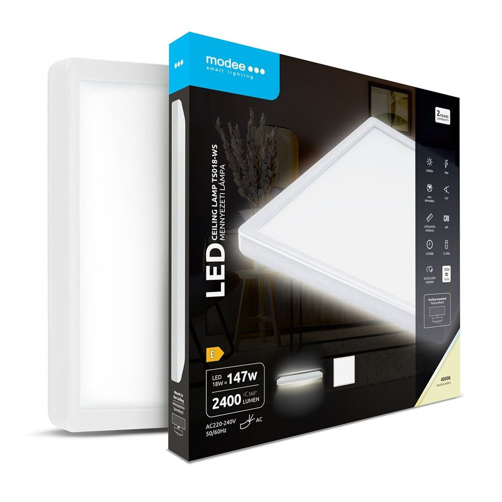 Modee Mennyezeti LED TS018-WS Négyzet 18W 4000K 293x293x28mm (2400lm), 120°, CRI>80, természetes fehér, IP20