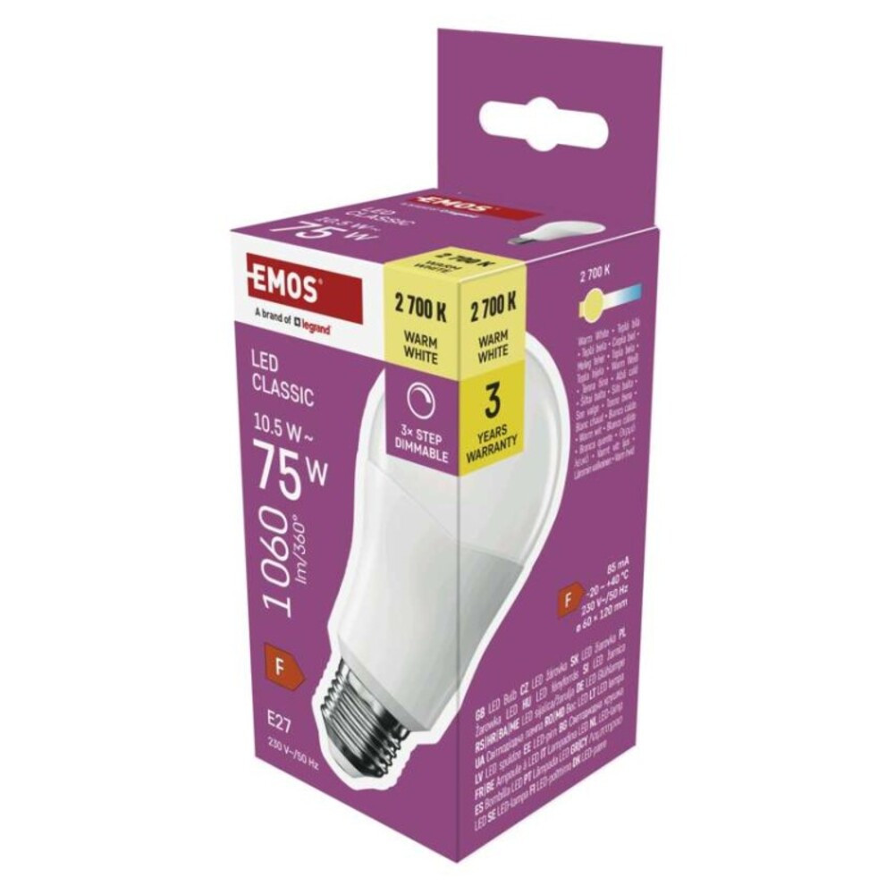 LED izzó Classic A60, E27, 10,5 W (75 W), 1 060 lm, meleg fehér,fokozatos fényerősz., 2700K, 1060, 230V, CRI>80, dimmelhető, EMOS, ZQ5F52S