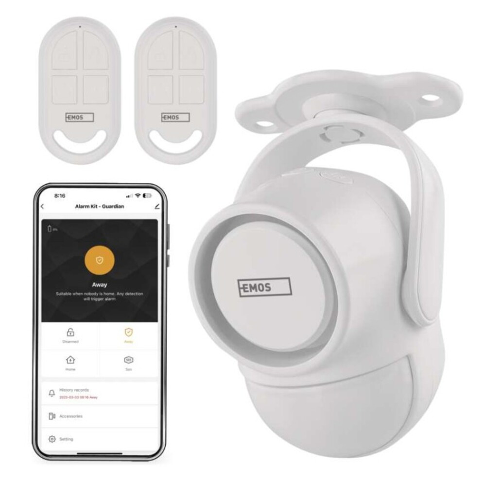 GoSmart riasztó IP‑126L GUARDIAN mozgásérzékelővel, 6× ajtó/ablak érzékelő, WiFi, fehér, fekete, IP21, EMOS, H5030