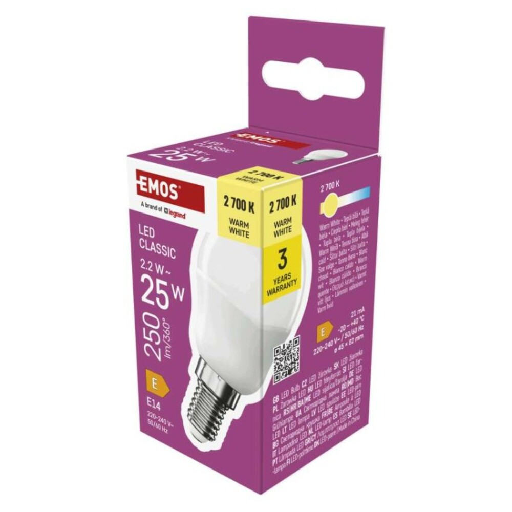 CLS Mini Globe LED-izzó, E14, 2,2 W (25 W), 250 lm, meleg fehér, 2700K, 220-240V, CRI>80, EMOS, ZQ1E01