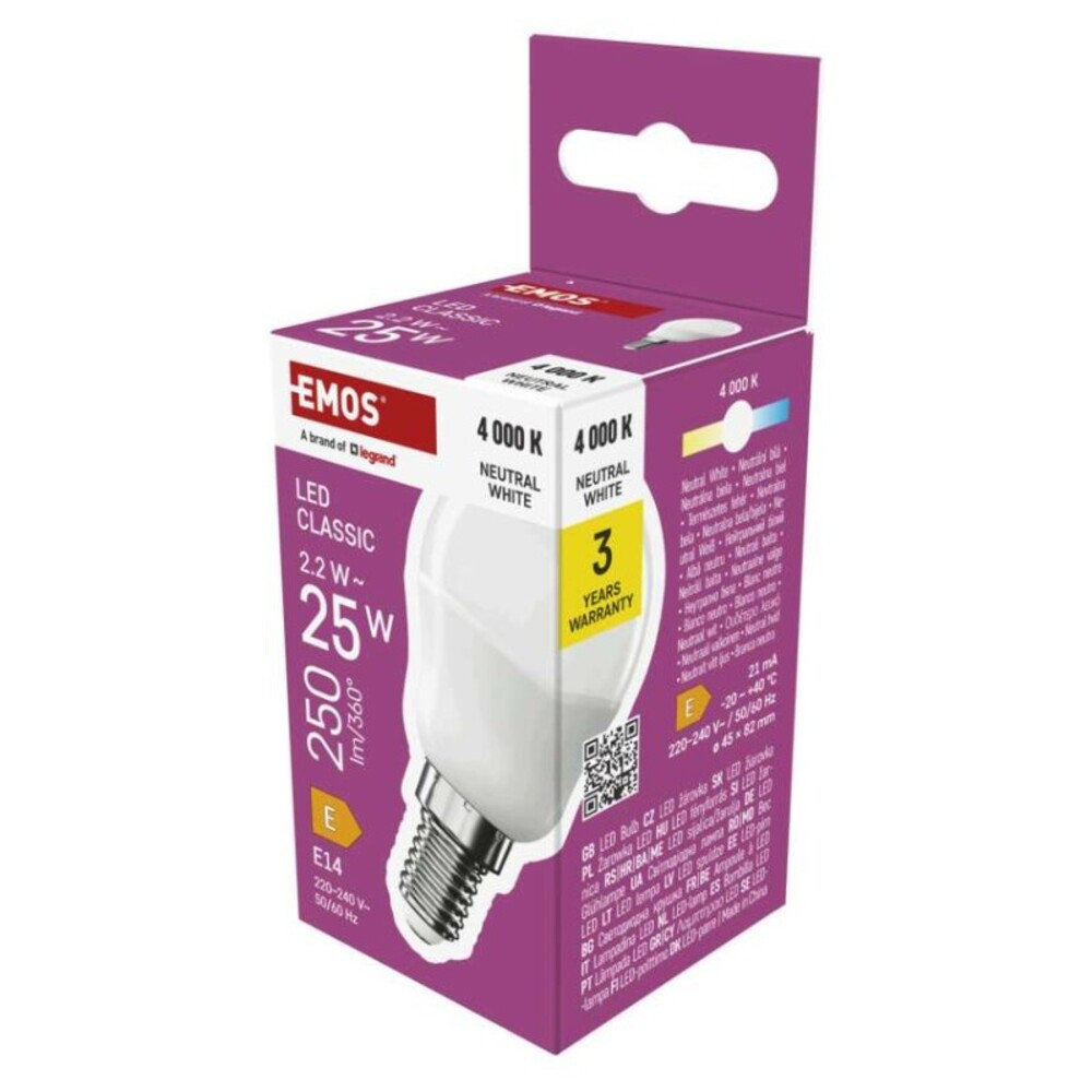 CLS Mini Globe LED-izzó, E14, 2,2 W (25 W), 250 lm, semleges fehér, 4000K, 220-240V, CRI>80, Természetes fehér, EMOS, ZQ1E03