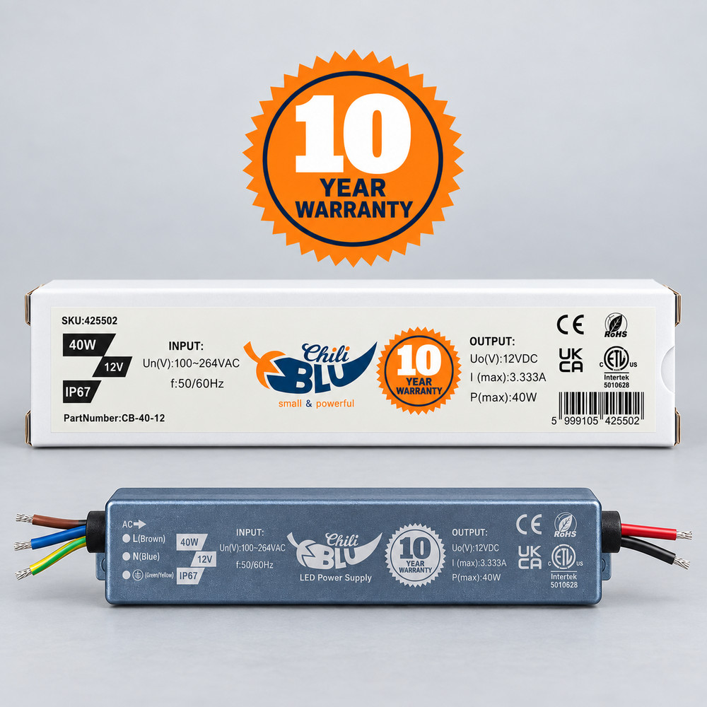 Mini LED tápegység, slim, 40 Watt, 12 Volt, 3,333 A, IP67, 10 év garancia, ChiliBlu