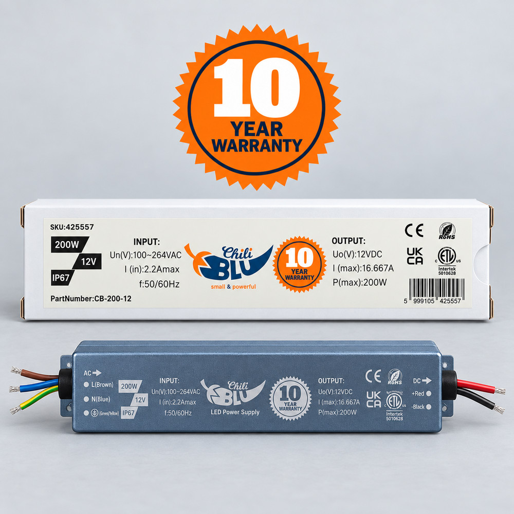 Mini LED tápegység, slim, 200 Watt, 12 Volt, 16,667 A, IP67, 10 év garancia, ChiliBlu