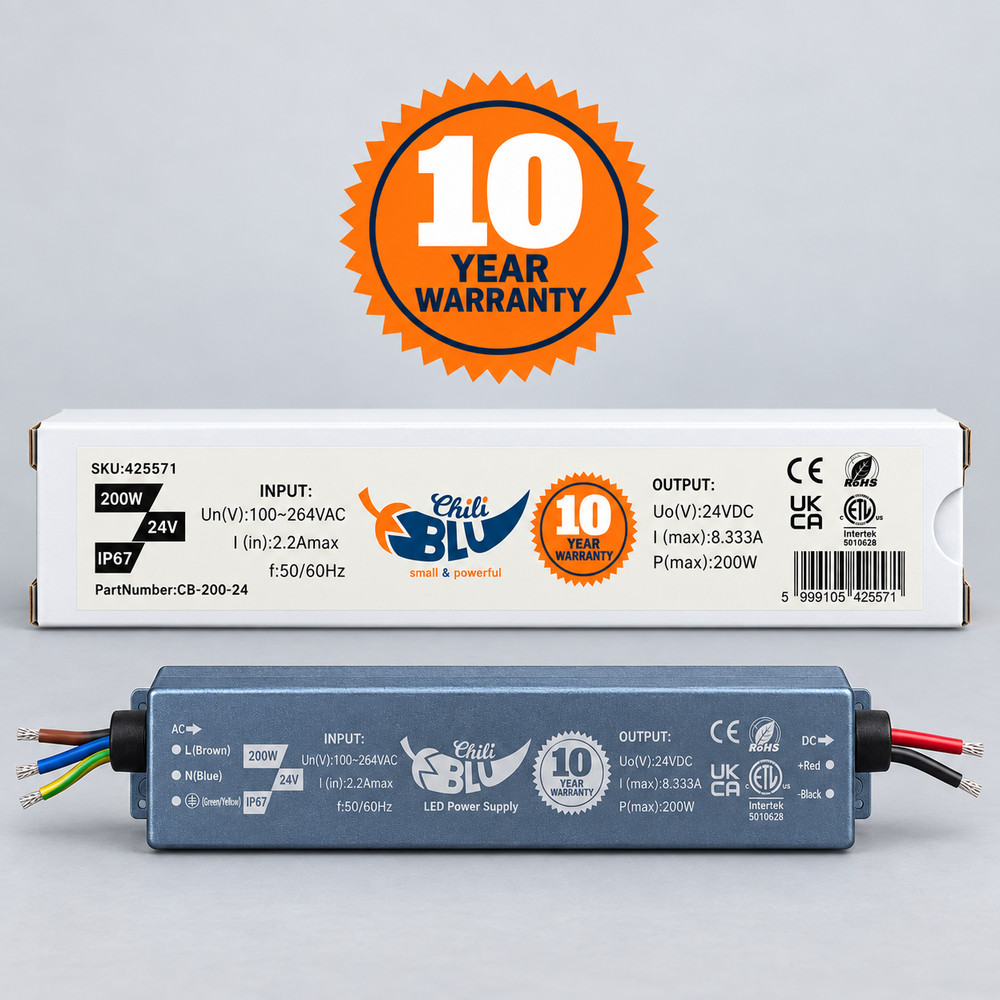 Mini LED tápegység, slim, 200 Watt, 24 Volt, 8,333 A, IP67, 10 év garancia, ChiliBlu