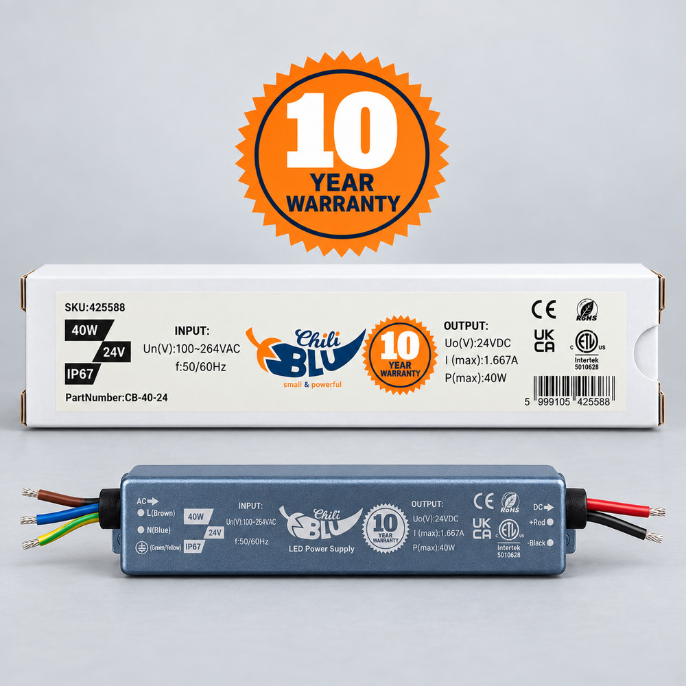 Mini LED tápegység, slim, 40 Watt, 24 Volt, 1,667 A, IP67, 10 év garancia, ChiliBlu