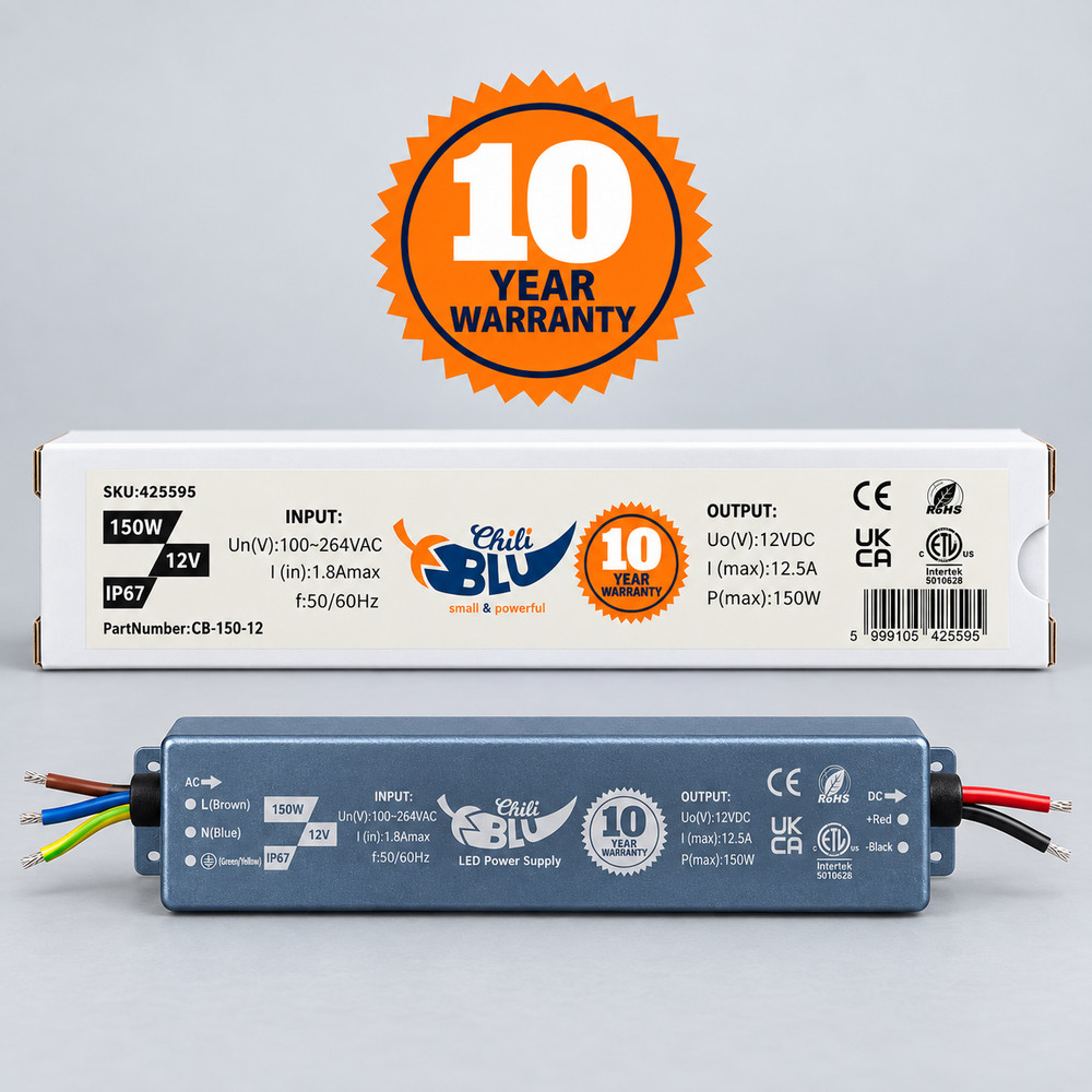 Mini LED tápegység, slim, 150 Watt, 12 Volt, 12,5 A, IP67, 10 év garancia, ChiliBlu