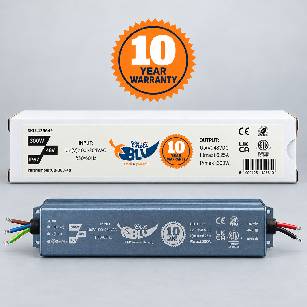 Mini LED tápegység, slim, 300 Watt, 48 Volt, 6,25 A, IP67, 10 év garancia, ChiliBlu