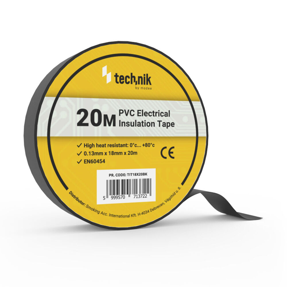 Technik - Szigetelőszalag 0,13mm x 18mm x 20m Fekete, TIT18X20BK