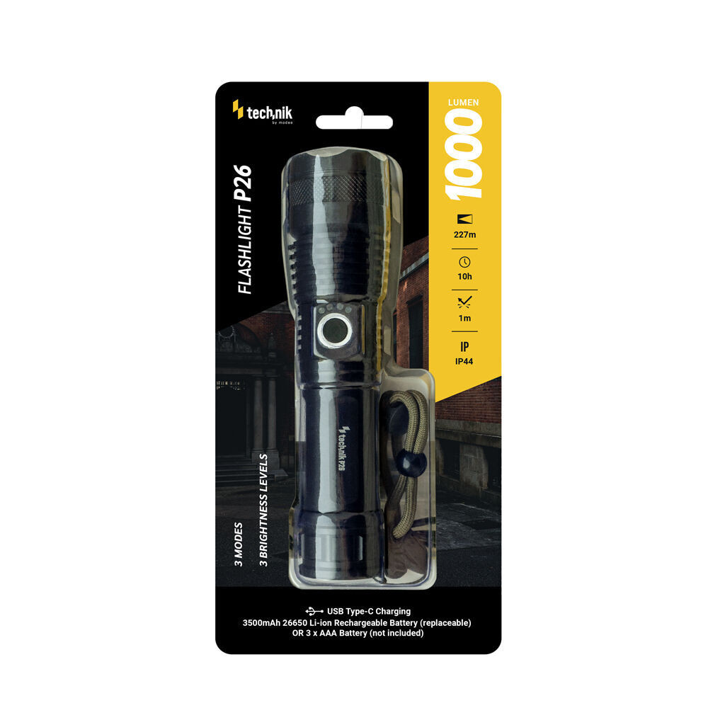 Technik Elemlámpa P26 (+1x26650 3500mAh) P50 LED, USB-C (1000 lumen), IP44, újratölthető, MT-P26