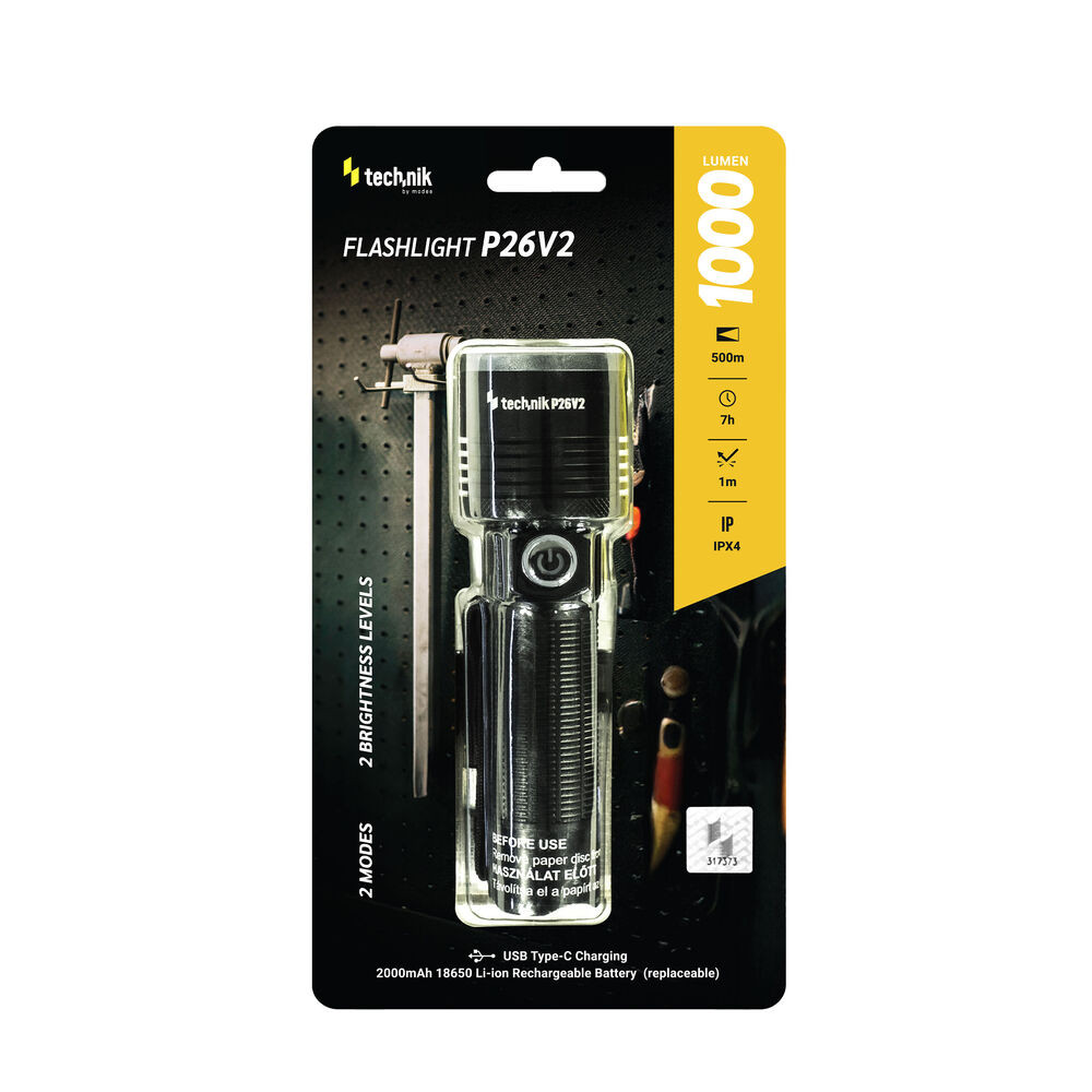Technik Elemlámpa P26V2 (+1x18650 2000mAh) LED, USB-C (1000 lumen), IPX4, újratölthető, MT-P26V2