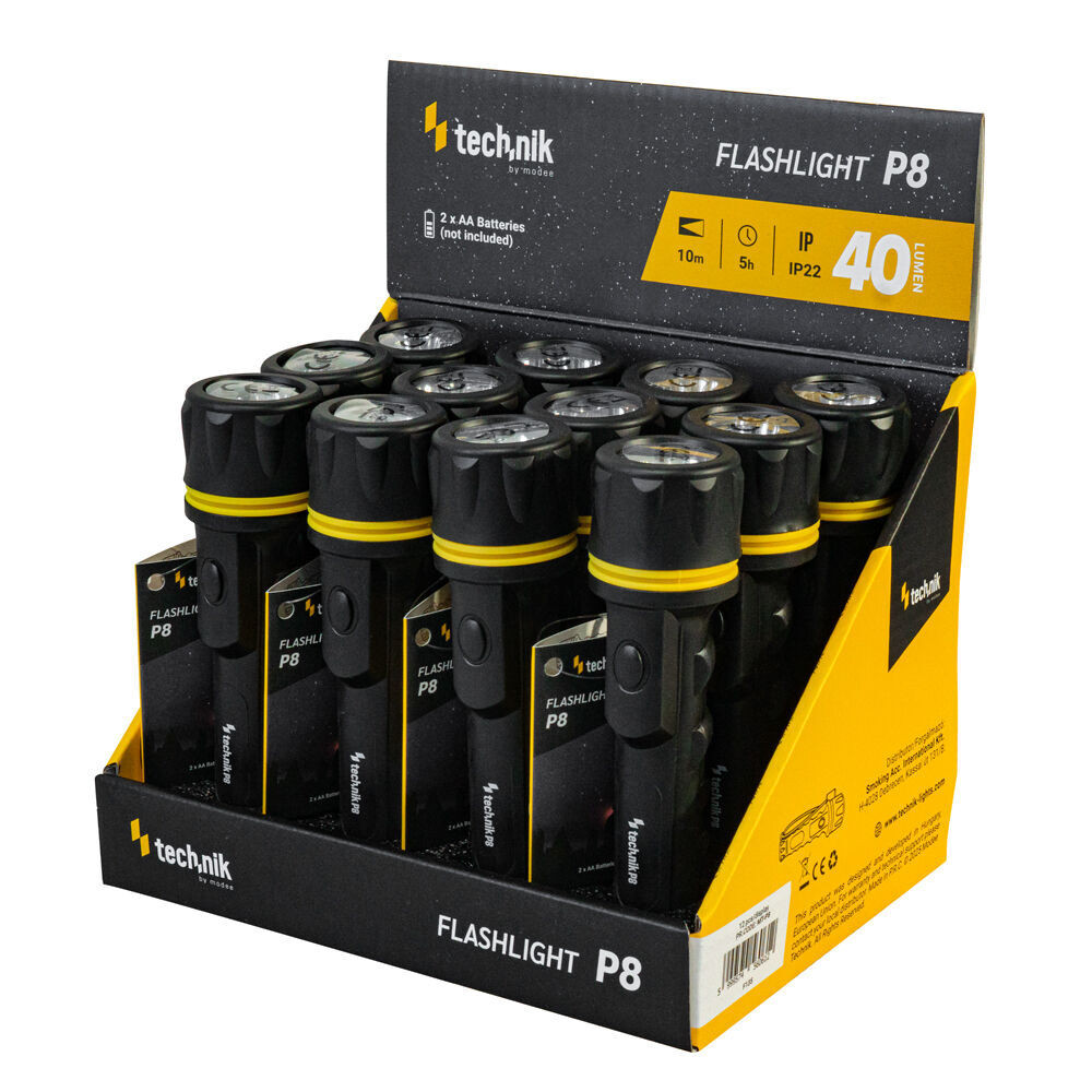 Technik Elemlámpa P8 (2xAA/nem tartozék) Gumírozott (40 lumen), IP22, MT-P8