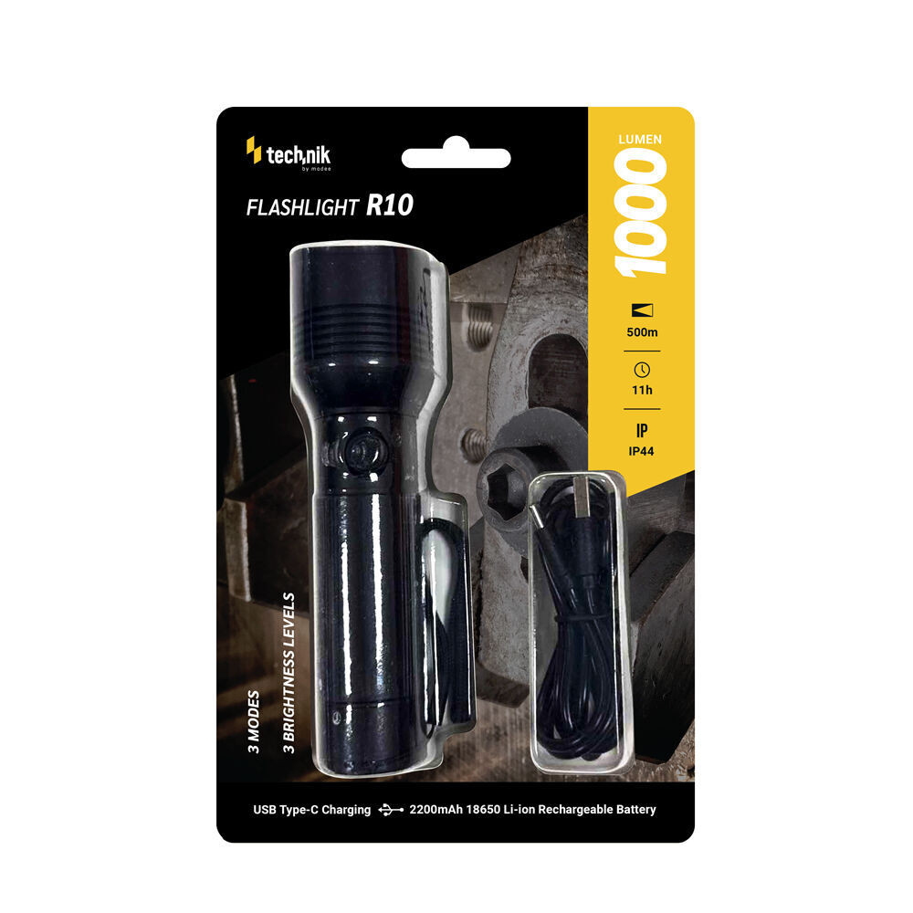 Technik Elemlámpa R10,focus (+1x18650 2200mAh) W-Laser LED, USB-C (1000 lumen), IP44, újratölthető, MT-R10