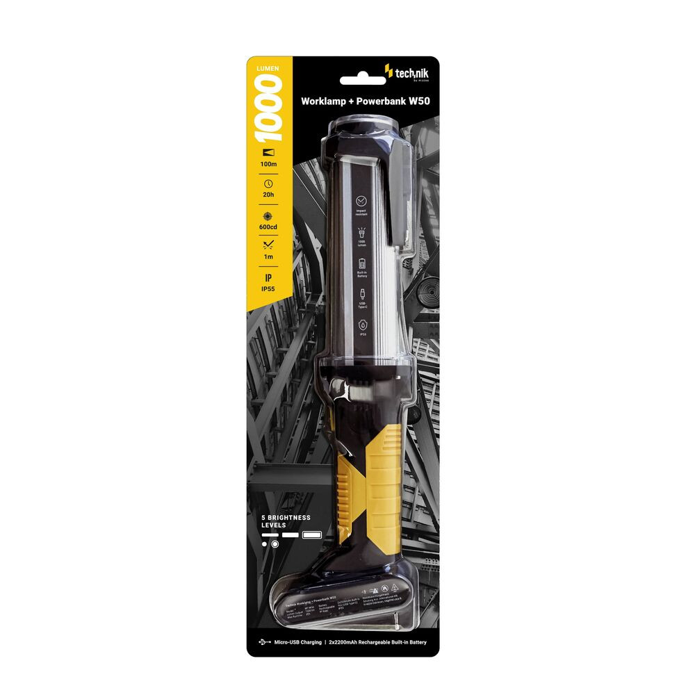 Technik Elemlámpa W50 (akkumulátoros) COB+LED, USB Type-C (1000+300 lumen), IP55, újratölthető, MT-W50