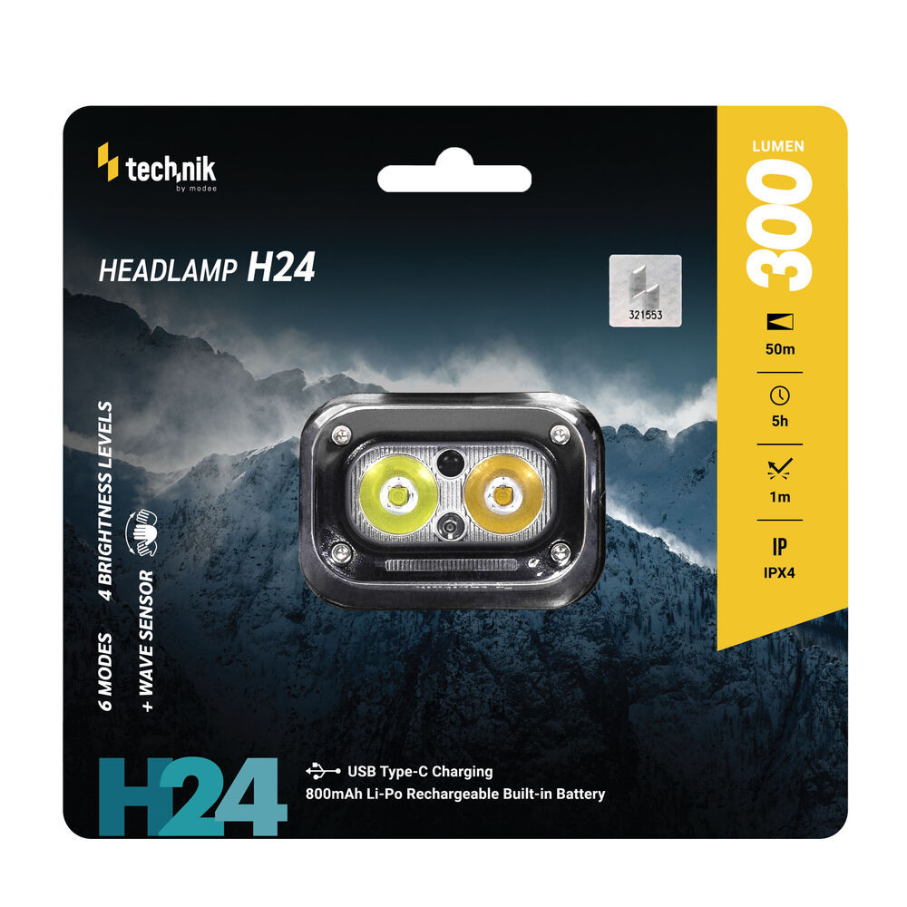 Technik Fejlámpa H24 (akkumulátoros) LED,Type-C IPX4 (300 lumen), újratölthető, MT-H24