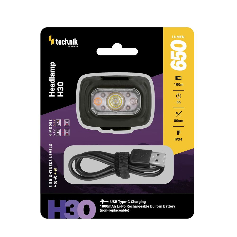 Technik Fejlámpa H30 (akkumulátoros) SST20 LED, Vörös fény, USB-C (650 lumen), IPX4, újratölthető, MT-H30