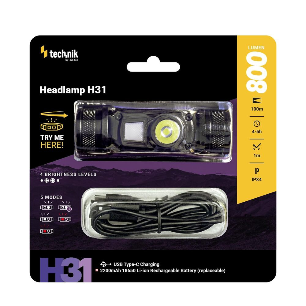 Technik Fejlámpa H31 (+1x18650) OSRAM P9, red light, USB-C (800 lumen), IPX4, újratölthető, MT-H31