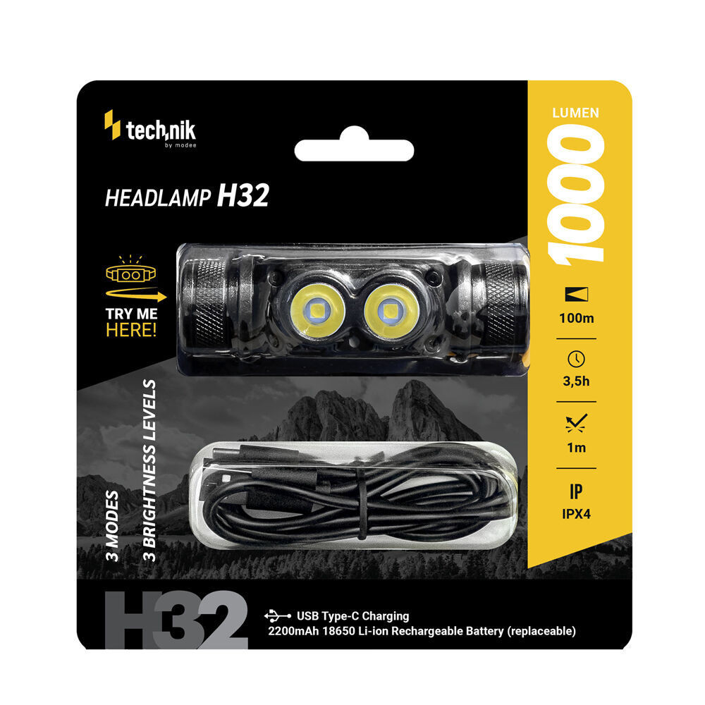 Technik Fejlámpa H32 (+1x18650) OSRAM P9, USB-C (1000 lumen), IPX4, újratölthető, MT-H32